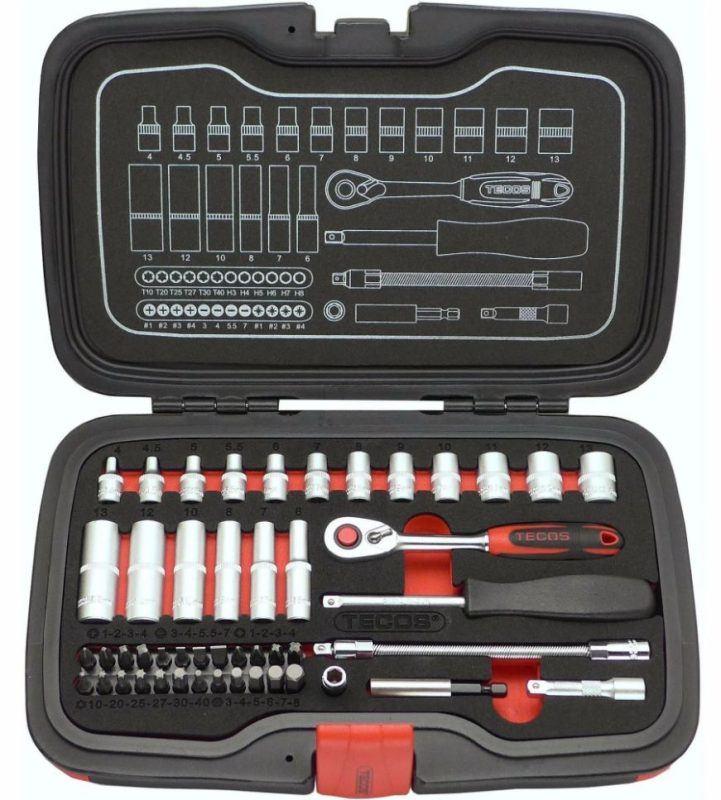 Tecos T-1848 Pipesett 1/4" – 48 deler med skralle og bits