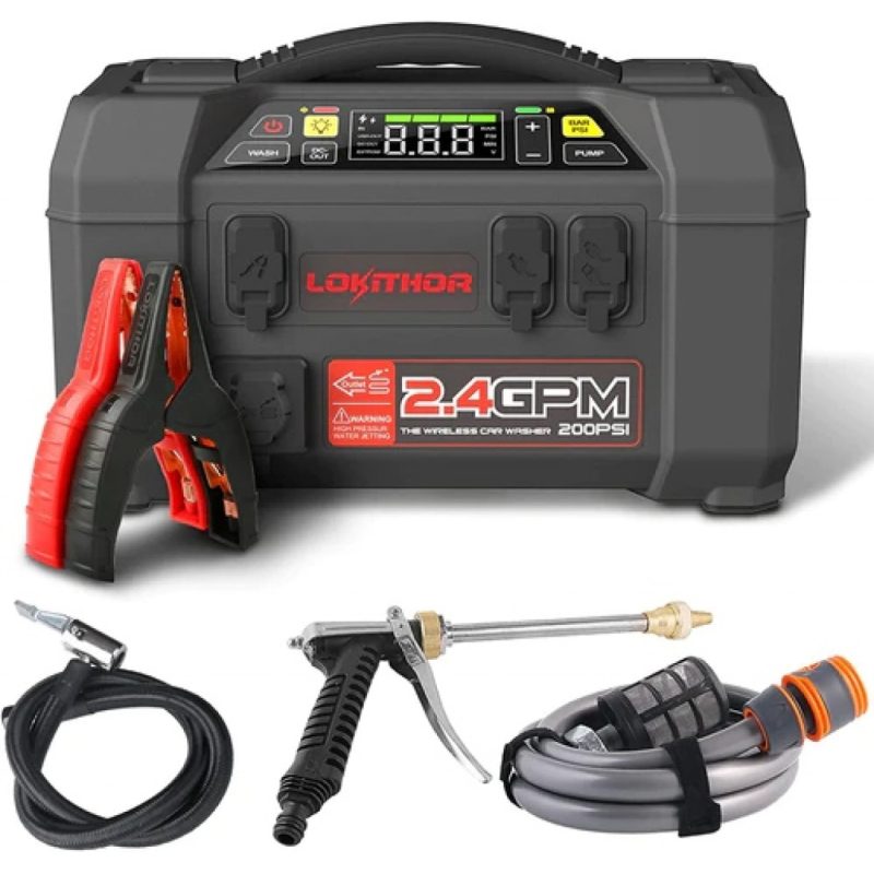 Lokithor AW401 Lithium Startbooster – 2500A med kompressor og høytrykksvasker